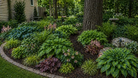 Layered shade garden with hostas, ferns, heuchera, and astilbe under trees