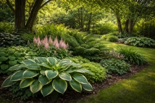 Mixed shade plants growing in a layered backyard garden beneath tree