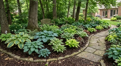 Mixed hosta varieties growing in a shady backyard border beneath trees
